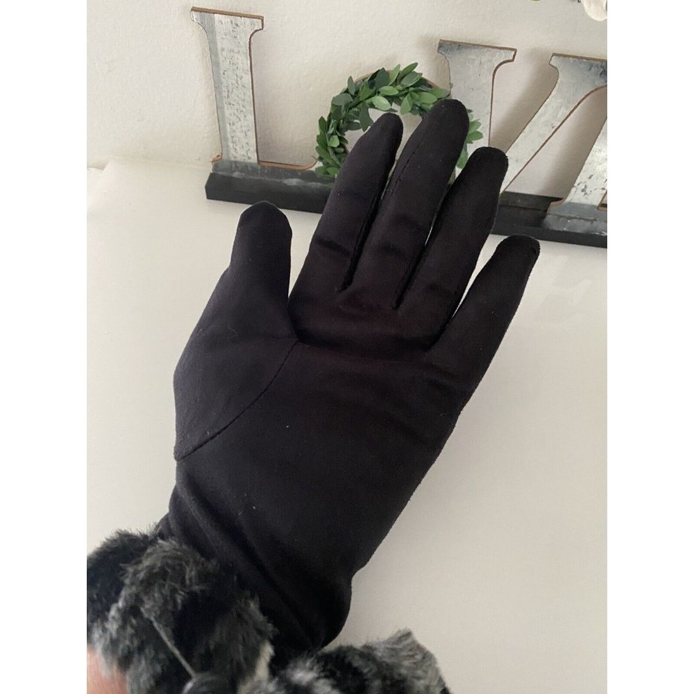 Vintage XS  Women's Faux Fur‎ Trim Gloves Winter Warm Black Gray Animal Print 2 - Picture 5 of 16
